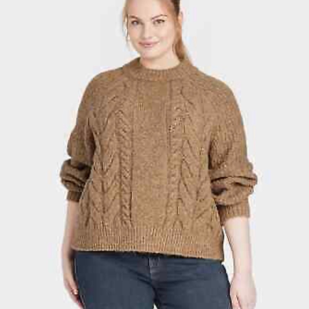 Universal Thread Mock Neck Cable Knit Sweater Women’s Sz 1X Camel‎ Brown NEW